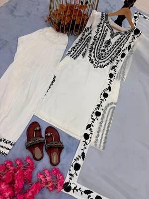 White natural crepe embroidered farshi suit set with organza dupatta 2