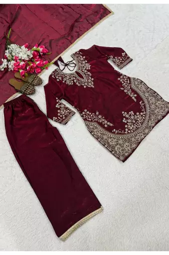 Maroon embroidery tissue sharara suit set