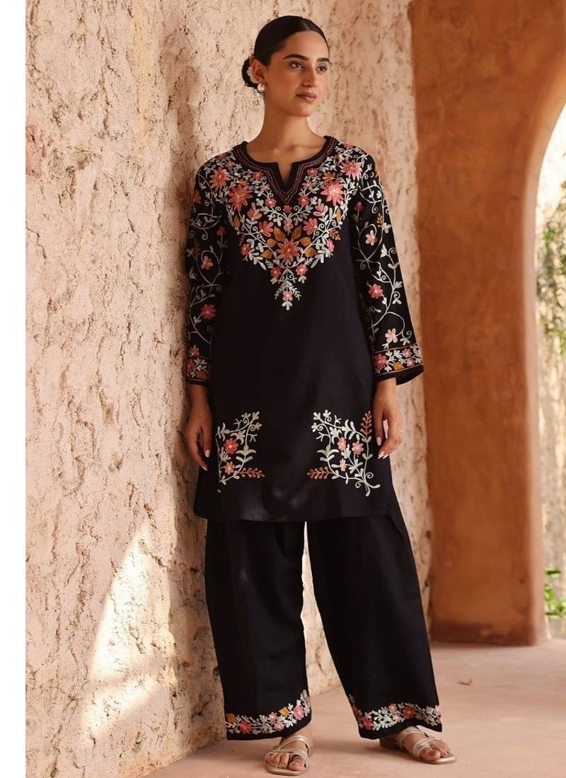 Black embroidery silk blend  farshi salwar
