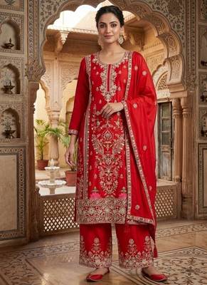 Deep red embroidery silk blend  sharara suit set 1