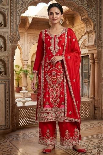 Deep red embroidery silk blend  sharara suit set