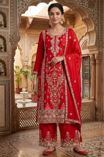 Deep red embroidery silk blend  sharara suit set