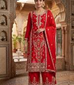 Deep red embroidery silk blend  sharara suit set
