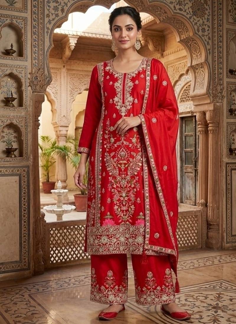 Deep red embroidery silk blend  sharara suit set