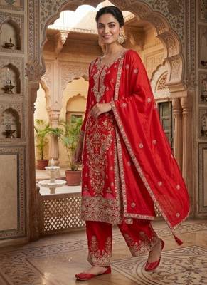 Deep red embroidery silk blend  sharara suit set 2