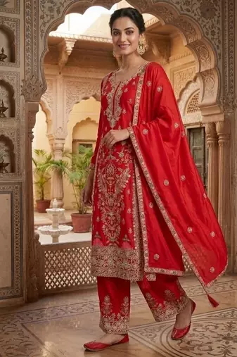 Deep red embroidery silk blend  sharara suit set