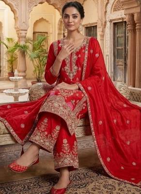 Deep red embroidery silk blend  sharara suit set 3