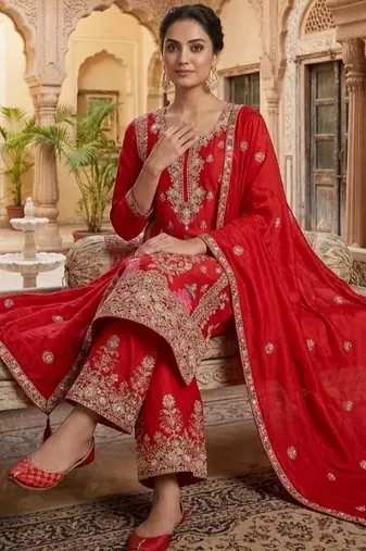 Deep red embroidery silk blend  sharara suit set