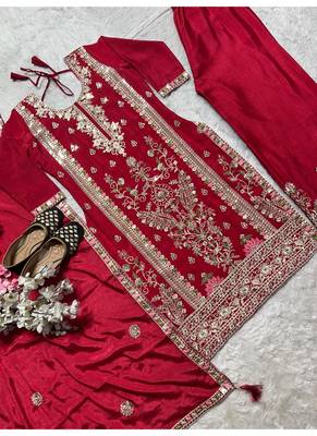 Deep red embroidery silk blend  sharara suit set 4