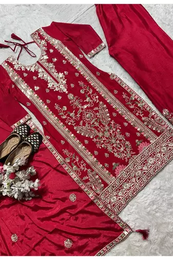 Deep red embroidery silk blend  sharara suit set