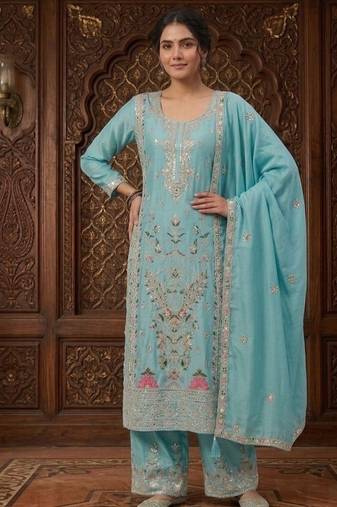 Sky blue embroidery silk blend  sharara suit set