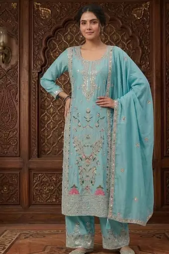Sky blue embroidery silk blend  sharara suit set
