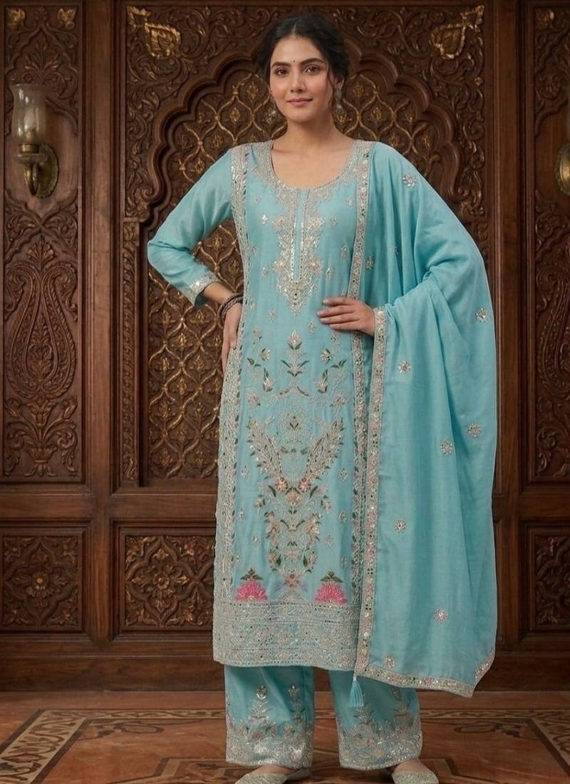 Sky blue embroidery silk blend  sharara suit set