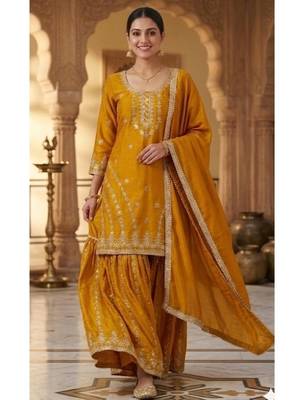 Deep gold embroidery silk blend  sharara suit set 1