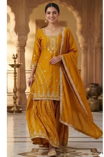 Deep gold embroidery silk blend  sharara suit set