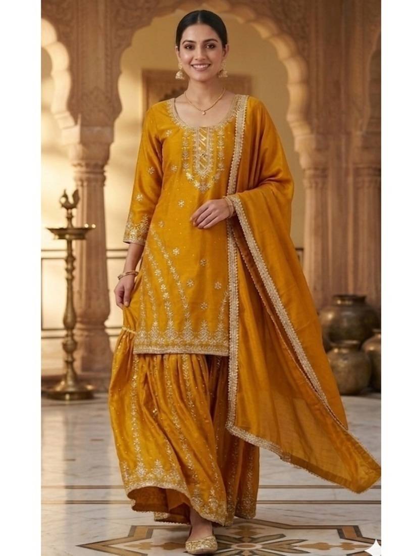 Deep gold embroidery silk blend  sharara suit set