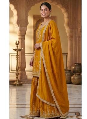 Deep gold embroidery silk blend  sharara suit set 2