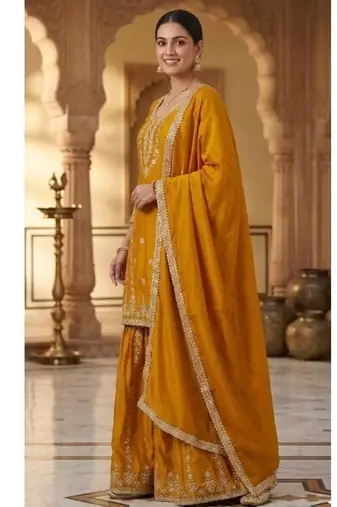 Deep gold embroidery silk blend  sharara suit set