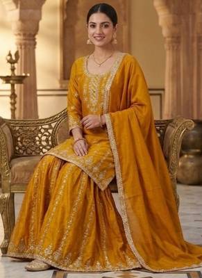 Deep gold embroidery silk blend  sharara suit set 3