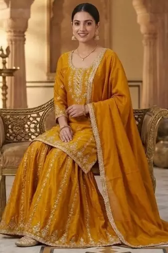 Deep gold embroidery silk blend  sharara suit set