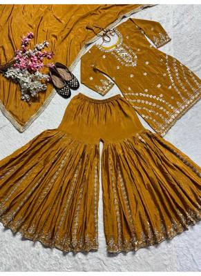 Deep gold embroidery silk blend  sharara suit set 4