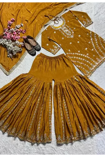 Deep gold embroidery silk blend  sharara suit set