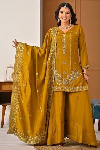 Mehendi green embroidery silk blend  sharara suit set
