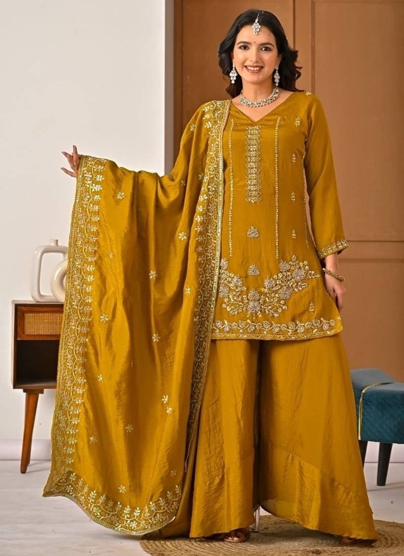 Mehendi green embroidery silk blend  sharara suit set