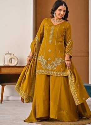 Mehendi green embroidery silk blend  sharara suit set 2