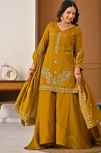 Mehendi green embroidery silk blend  sharara suit set