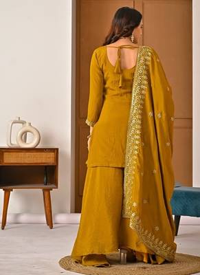 Mehendi green embroidery silk blend  sharara suit set 3