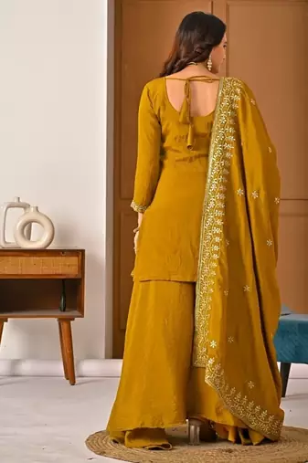 Mehendi green embroidery silk blend  sharara suit set