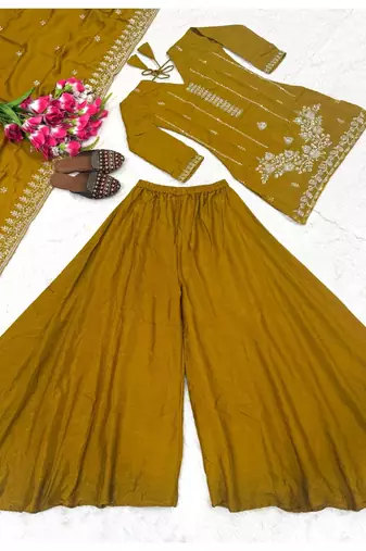 Mehendi green embroidery silk blend  sharara suit set