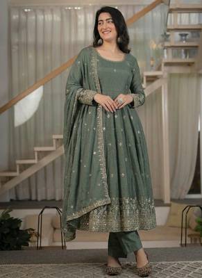 Sage green embroidery silk blend  anarkali suit 1