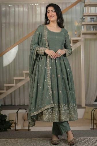 Sage green embroidery silk blend  anarkali suit