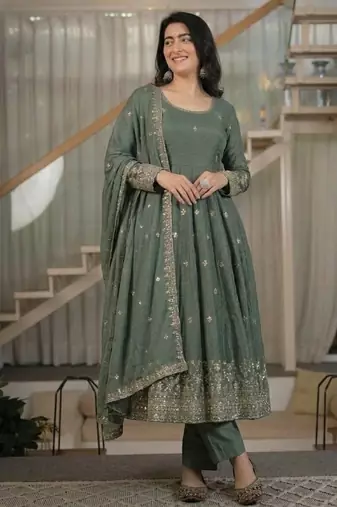 Sage green embroidery silk blend  anarkali suit