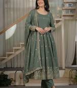 Sage green embroidery silk blend  anarkali suit