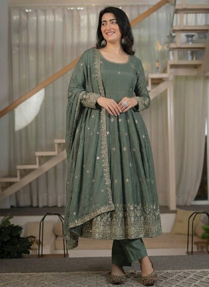 Sage green embroidery silk blend  anarkali suit