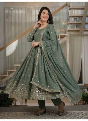 Sage green embroidery silk blend  anarkali suit 2