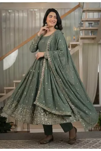 Sage green embroidery silk blend  anarkali suit