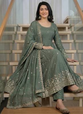 Sage green embroidery silk blend  anarkali suit 3