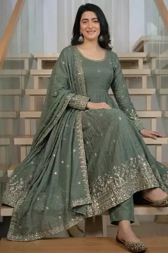 Sage green embroidery silk blend  anarkali suit