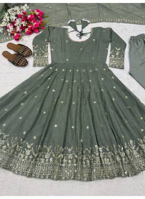Sage green embroidery silk blend  anarkali suit 4