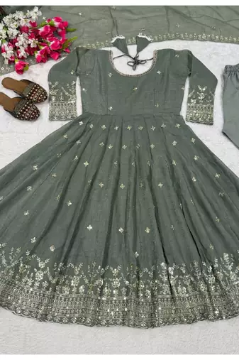 Sage green embroidery silk blend  anarkali suit
