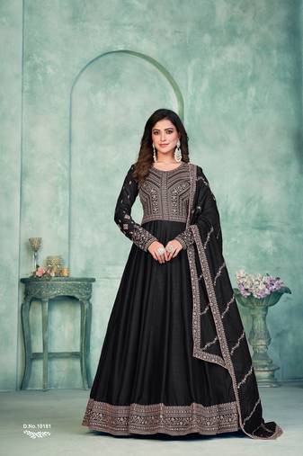 Midnight Black Art Silk Semi-Stitched Gown with Resham & Sequin Embroidery