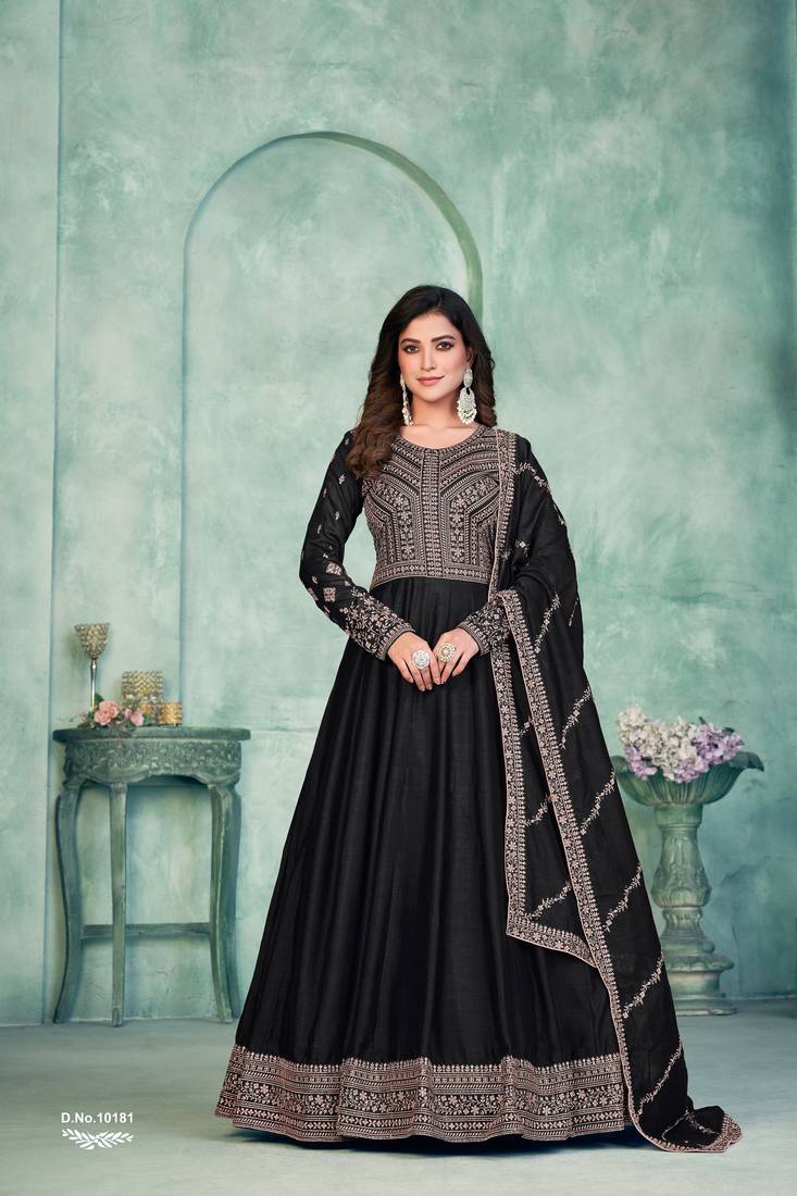 Midnight Black Art Silk Semi-Stitched Gown with Resham & Sequin Embroidery