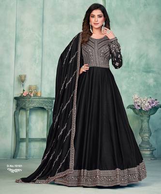 Midnight Black Art Silk Semi-Stitched Gown with Resham & Sequin Embroidery 2