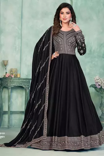 Midnight Black Art Silk Semi-Stitched Gown with Resham & Sequin Embroidery