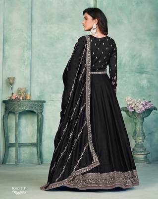 Midnight Black Art Silk Semi-Stitched Gown with Resham & Sequin Embroidery 3