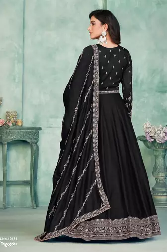 Midnight Black Art Silk Semi-Stitched Gown with Resham & Sequin Embroidery